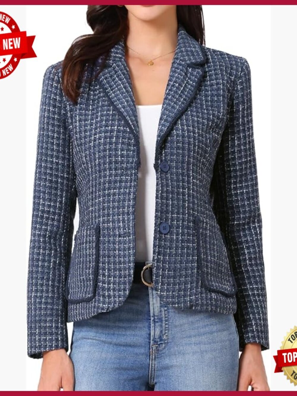 Tweed Blazer Notch Lapel Long Sleeve Business Casual Jacket XS
